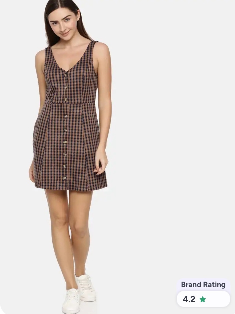 American Eagle Outfitters Brown Navy Gingham Pinafore Button-Front Mini Dress L